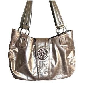 Solina Woman’s Metallic Silver Taupe Shoulder Bag with Decorative Medallion